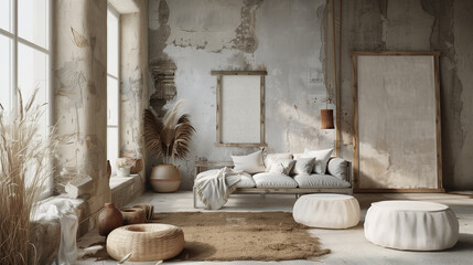Mockup minimall style with frame in nomadic boho interior background with rustic decor.