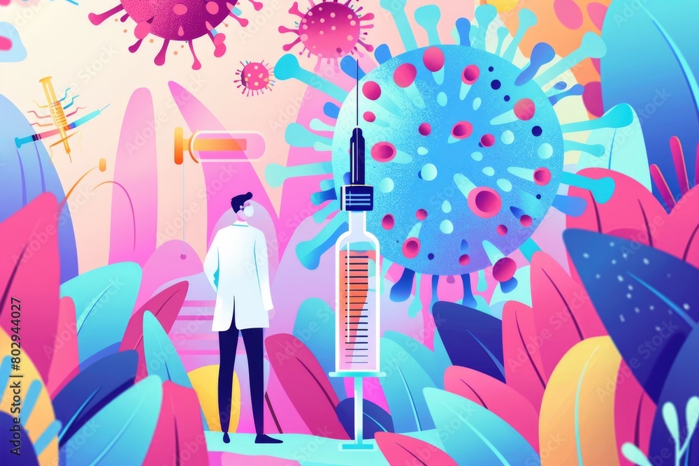 Poster a man in a lab coat standing next to a microscope. suitable for scientific and educational purposes