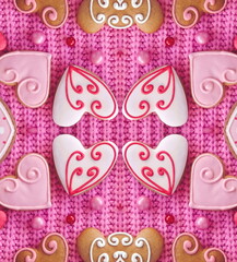 Symmetrical Valentine Pattern of gingerbread hearts on pink fabric. Valentine's Day Wallpapers....