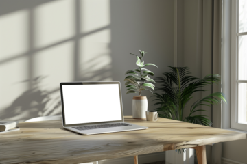 Laptop computer on a wooden table in a modern interior with green plants and sunlight