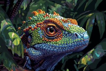 Obraz premium Bring the Basilisk to life in a pixel art masterpiece, showcasing its fierce expression and intricate patterns in a vibrant and captivating style, perfect for digital media campaigns