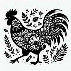  black silhouette of a  rooster and floral pattern