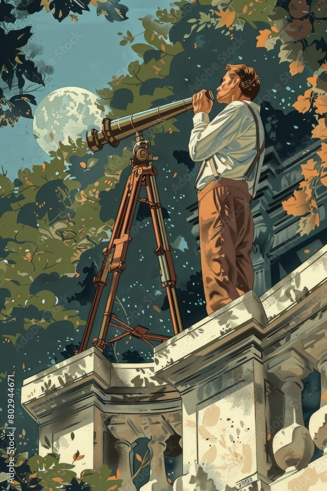 Poster Man observing the moon through a telescope, suitable for astronomy concepts