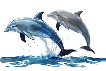 Playful dolphins leaping out of the water. Transparent background.


