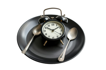 The alarm clock on a black plate with fork and knife isolated on a transparent background