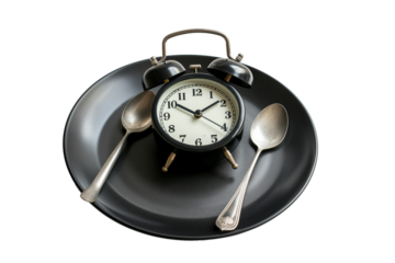 The alarm clock on a black plate with fork and knife isolated on a transparent background