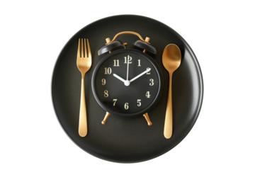 The alarm clock on a black plate with fork and knife isolated on a transparent background