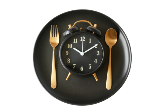 The alarm clock on a black plate with fork and knife isolated on a transparent background
