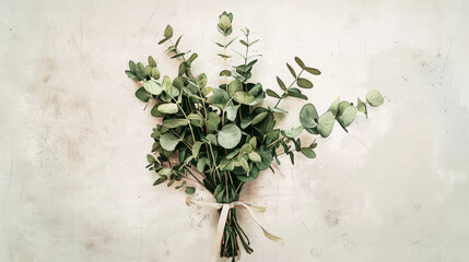 Aesthetic watercolor minimalist bouquet with eucalyptus leaves. Invitation floral template. Generative AI