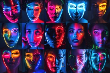 Obraz premium A group of people with neon lights on their faces. Suitable for social media posts