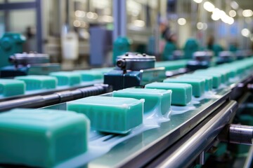 Fototapeta premium Blue soap blocks moving on a factory conveyor belt, suitable for industrial and manufacturing concepts