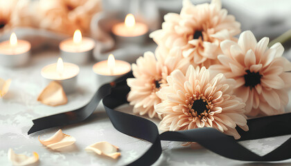 Chrysanthemum flowers with black funeral ribbon and burning candles on light background, closeup