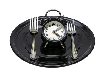 The alarm clock on a black plate with fork and knife isolated on a transparent background