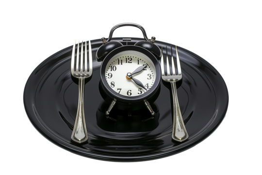 The alarm clock on a black plate with fork and knife isolated on a transparent background