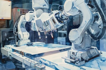 A painting of a robotic arm in a factory. Suitable for industrial themes