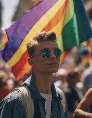 portrait of a man, Among the streets, hundreds of people march with LGBTQ flags in the pride para  