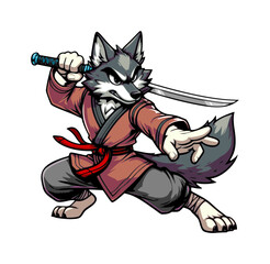 cartoon character of wolf holds a sword as a shaolin athlete - colour on transparent background (artwork 1)