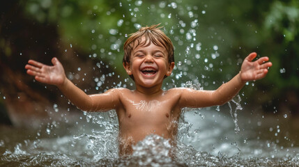 A jubilant water splash, frozen in time, captures the exhilarating moment of a child jumping into a puddle