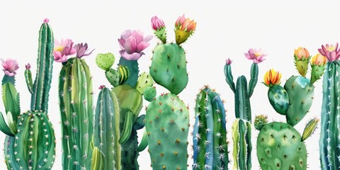 Group of cactus plants with pink flowers. Suitable for botanical and desert-themed designs