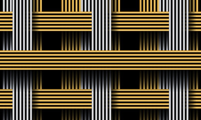 Abstract Gold and Silver stripes Weave Pattern. Abstract 3d geometric background with cylinder shapes. Lattice, grating, mesh. Gold metal ornament background for poster, cover, branding,banner. Vector