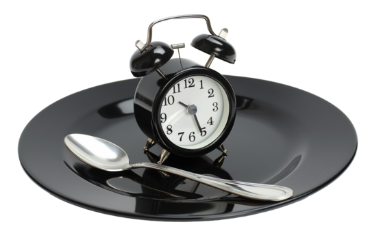 The alarm clock on a black plate with fork and knife isolated on a transparent background
