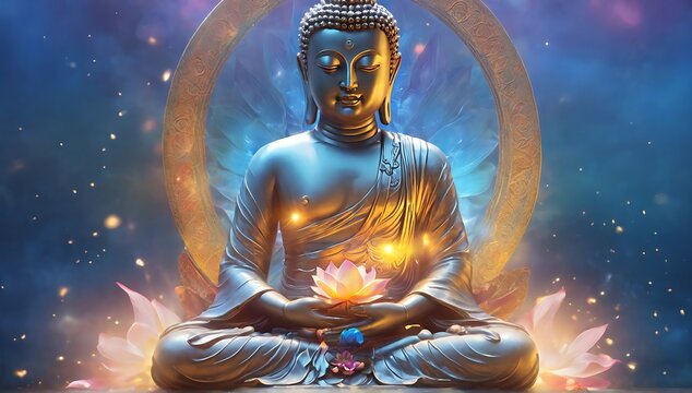 buddha statue with lotus flower emitting aura, vasek buddha purnima background, created with generative ai