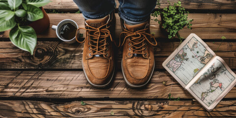 A pair of brown shoes are on a wooden floor next to a book and a cup of coffee - Powered by Adobe