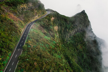 Aerial view  misty landscape with road in Madeira Island, Portugal