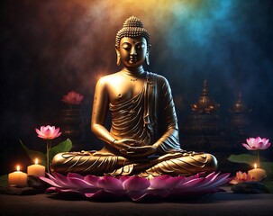 buddha statue with lotus flower emitting aura, vasek buddha purnima background, created with generative ai