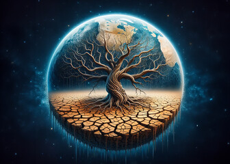 Dry tree, cracked land and earth. Global Warming nature disaster concept