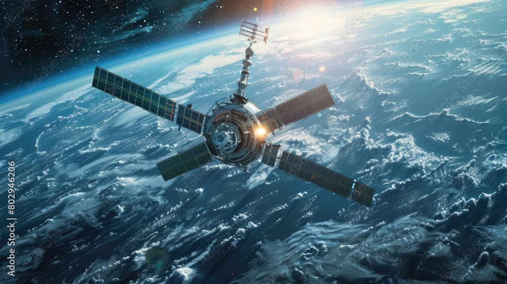 Poster a futuristic space station floating in the center of the earth. suitable for science fiction concept