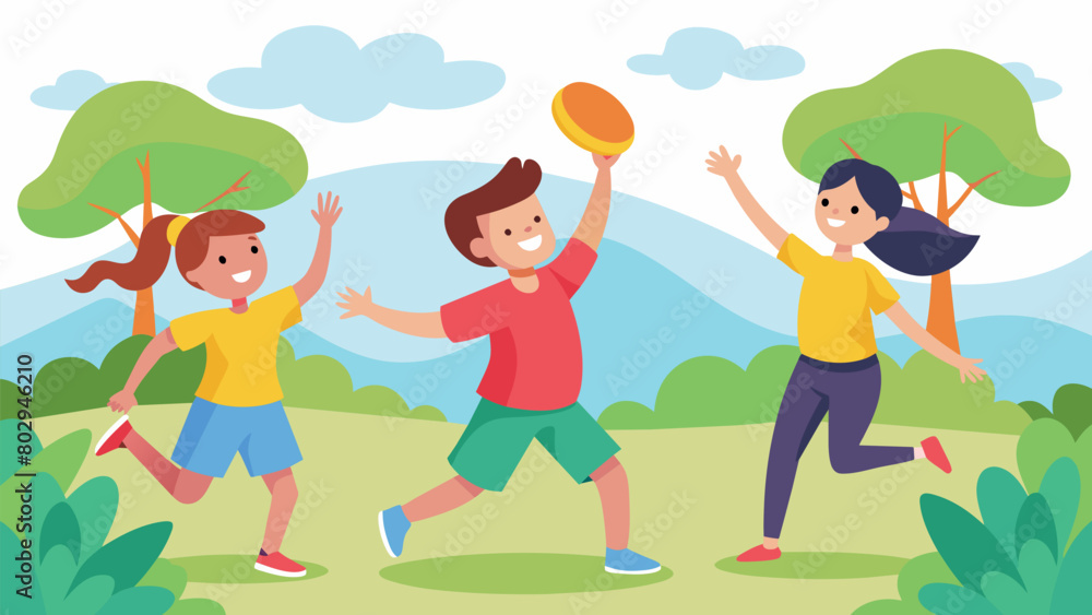 Poster a group of young children playing a game of frisbee their energetic cheers echoing through the park 