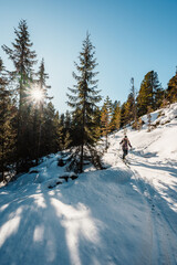 Mountaineer backcountry ski walking ski alpinist in the mountains. Ski touring in alpine landscape...