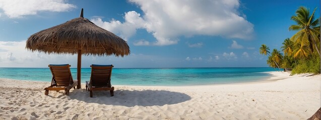 Beautiful tropical beach banner, White sand and coco palms travel tourism wide panorama background concept, Amazing beach landscape