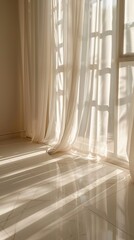Warm sunlight shines through the sheer curtains and illuminates the empty room.Ying Zao Wen Xin Shu Gua De Ju Jia Fen Wei .