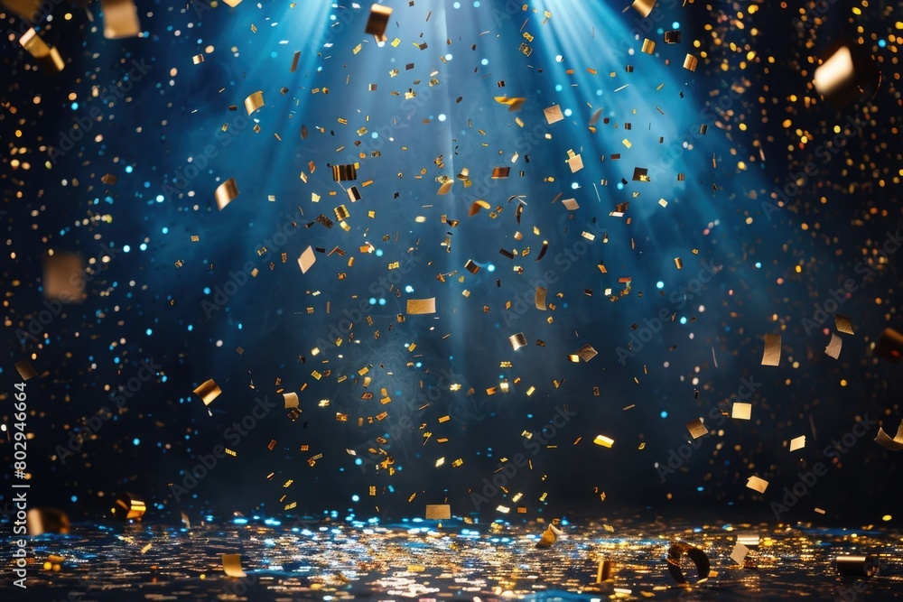 Poster a stage with confetti falling from the sky, perfect for event and celebration concepts