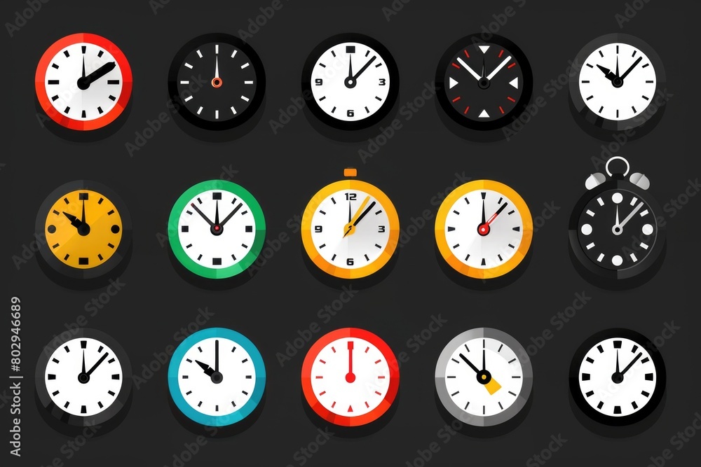Poster collection of diverse clocks, suitable for time management concepts