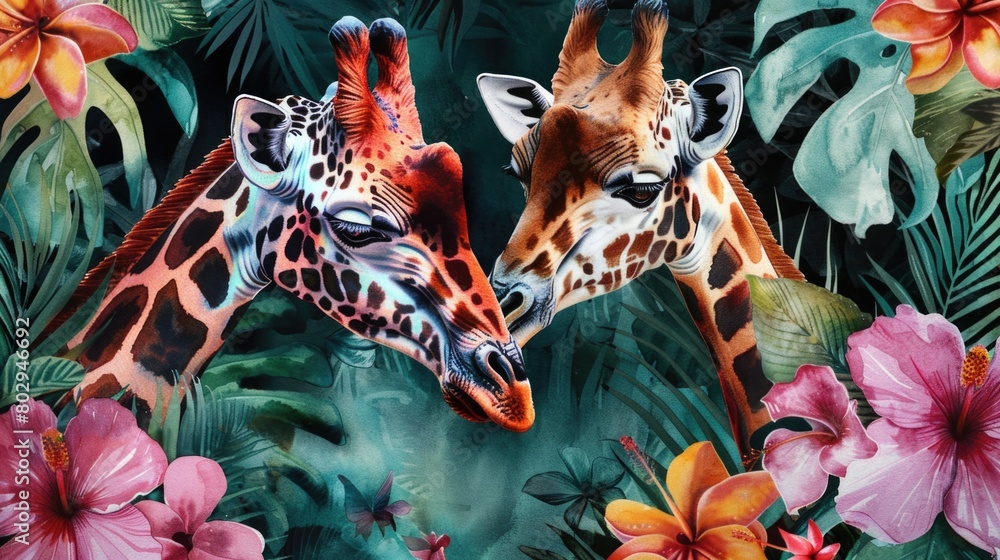 Poster a pair of giraffes standing side by side. perfect for nature and wildlife themes