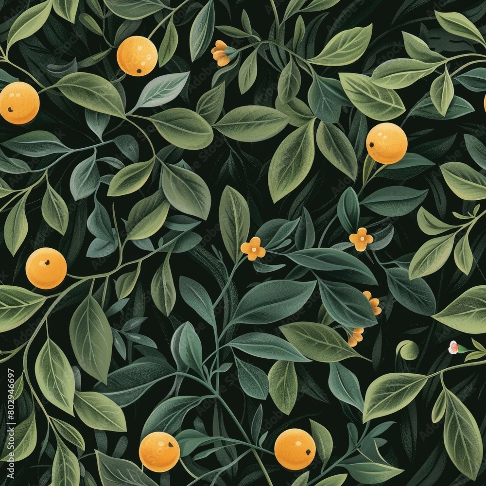 Poster vibrant pattern of oranges and leaves on a dark background. suitable for food and nature-themed desi