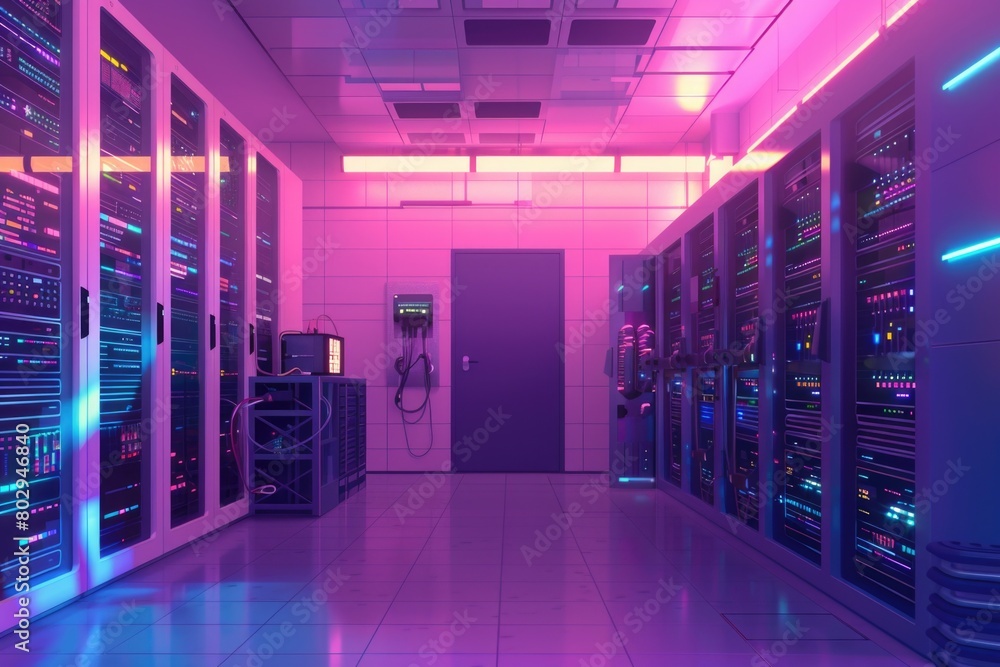Poster A room filled with servers and bright lights. Ideal for technology and data storage concepts