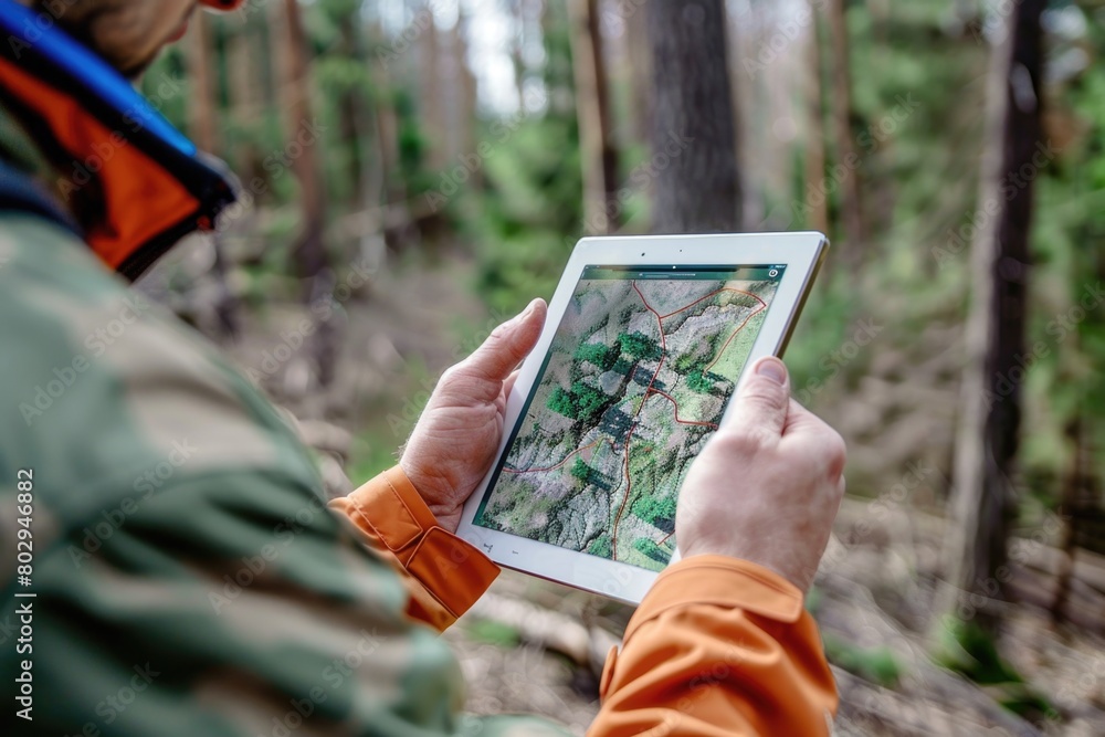 Poster A man holding a tablet with a map displayed on the screen. Suitable for travel and navigation concepts
