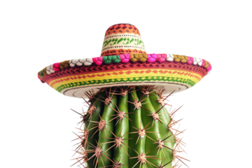 Mexican cactus with sombrero hat isolated on a transparent background