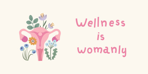 Floral uterus and inspirational quote about women’s health. Female strength and reproductive wellness concept. Perfect for health education, women's rights projects, and medical awareness. Gynecology,