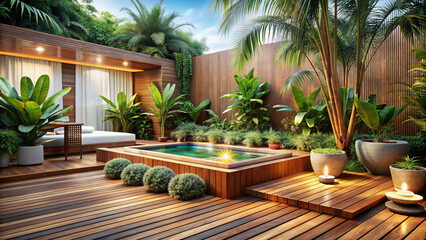 Fototapeta premium Modern style outdoor pool area with wooden deck and tropical plants surrounding the patio area