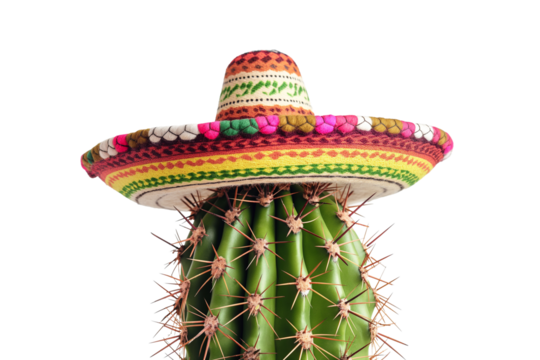 Mexican cactus with sombrero hat isolated on a transparent background