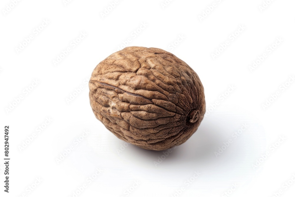 Poster A close-up shot of a single walnut shell on a plain white background. Suitable for various design projects