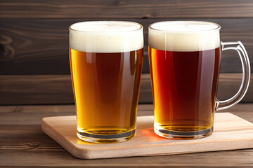 Two glasses of beer on a wooden table.