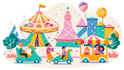 Obraz premium Colorful Amusement Park Scene with Joyful People and Attractions