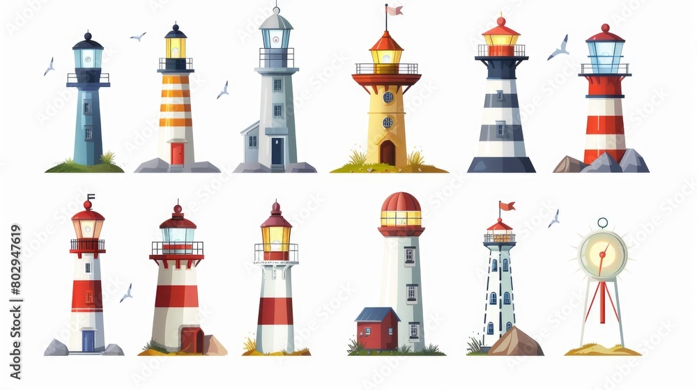 Poster A collection of various colored lighthouses on a plain white backdrop. Ideal for use in maritime-themed designs