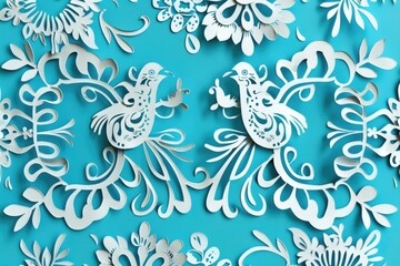 Simple blue background with paper cut birds and flowers, perfect for greeting cards or invitations
